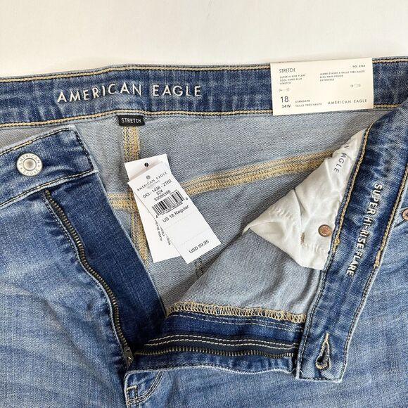 American Eagle Super Hi-Rise Flare Jeans 18 Stretch Blue Denim Distressed NEW - Picture 8 of 11